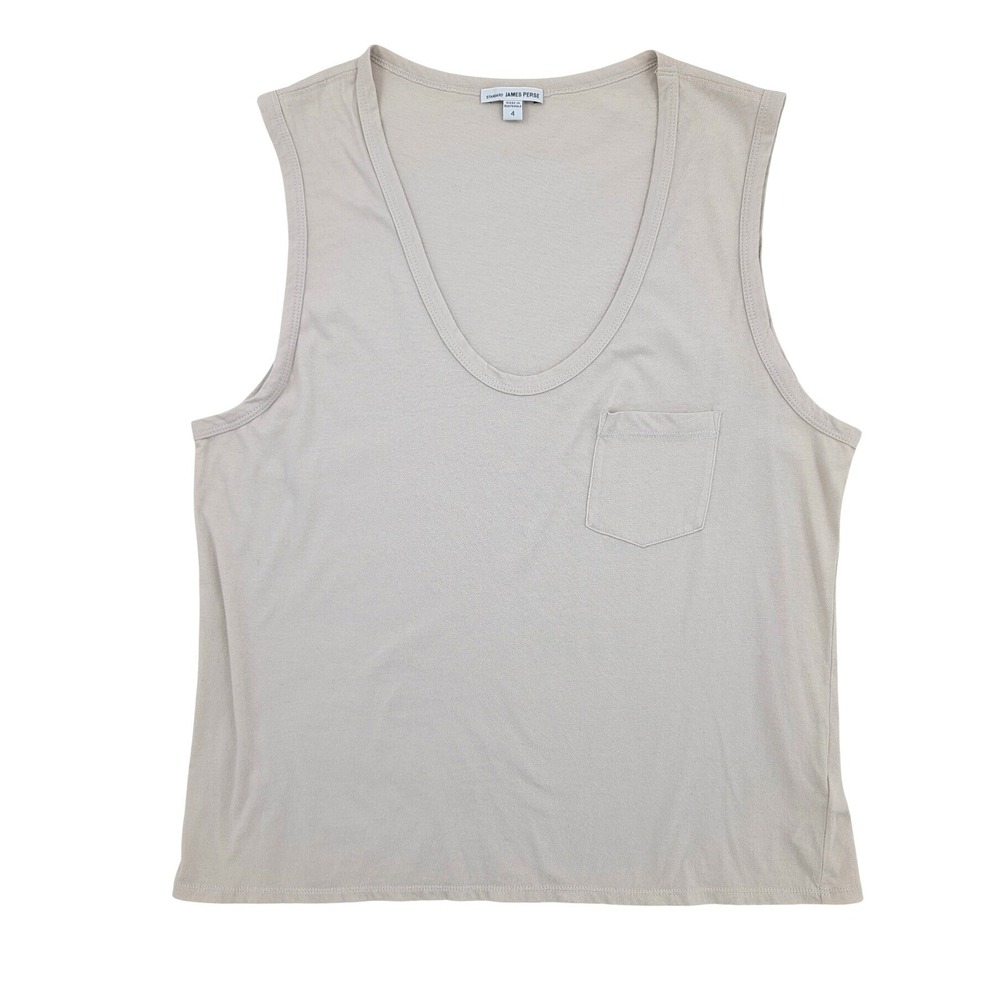 James Perse Standard Womens Size 4 Beige Cotton Deep Scoop Neck Pocket Tank Top